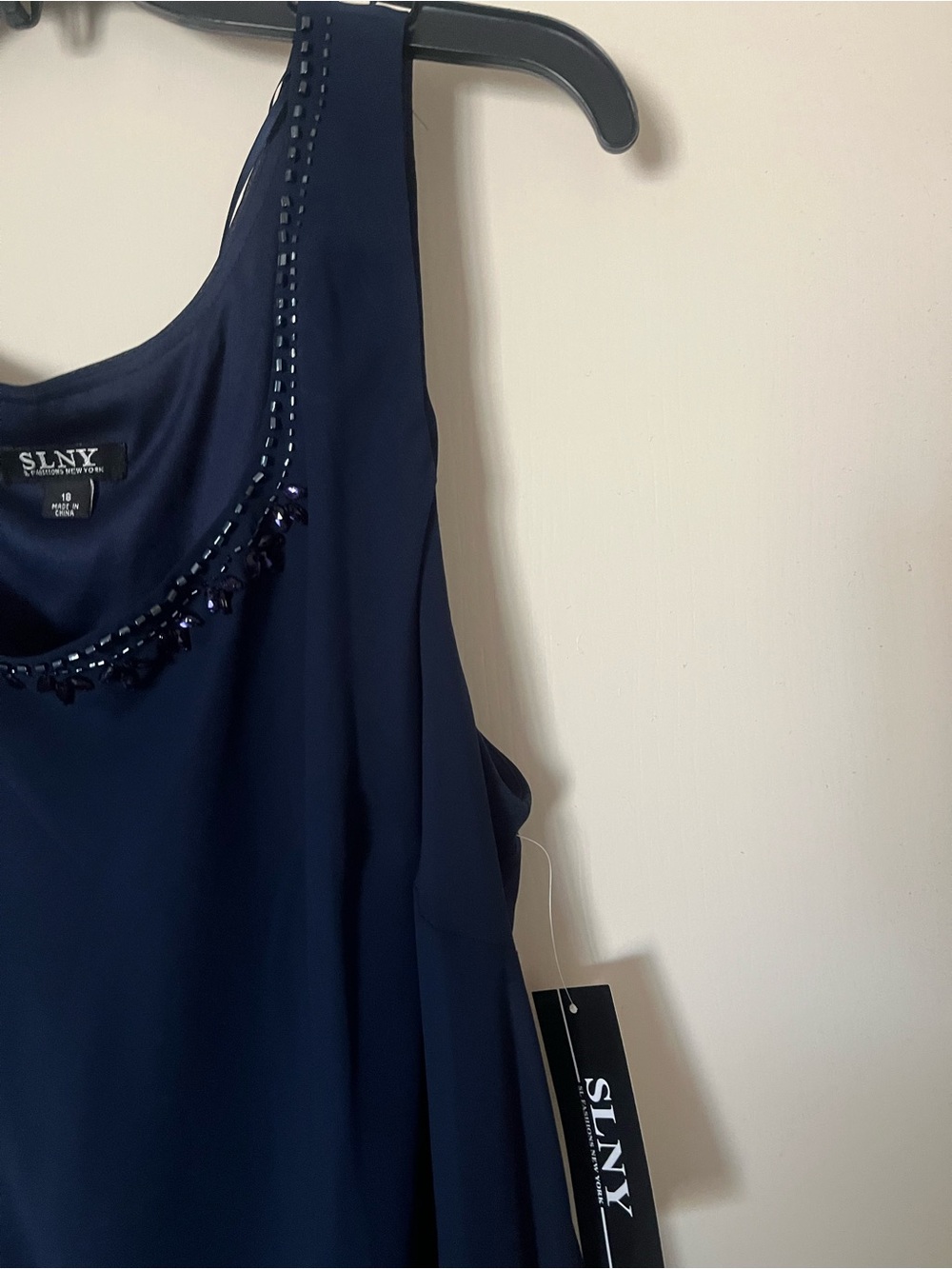 SLNY Navy Beaded Chiffon Jacket and Layered Dress - Picture 5 of 7